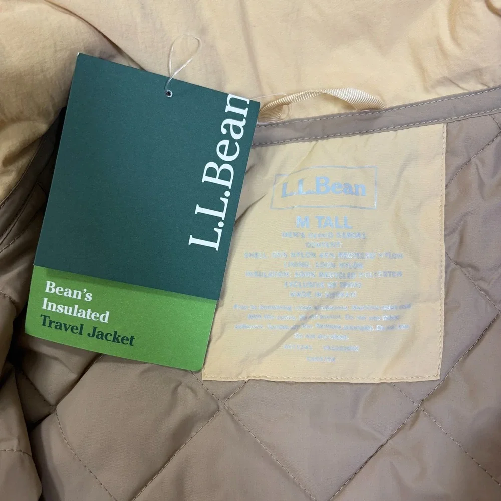 NWT LL Bean Men's Insulated Travel Jacket Medium Tall Khaki Brown Hood 518081